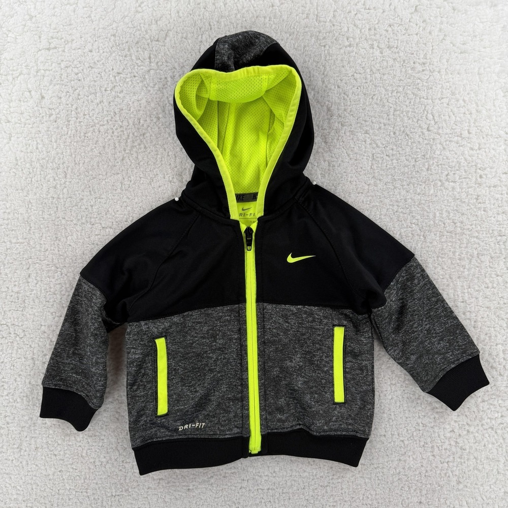 Nike Track Jacket Boys 12M Gray Black Neon Yellow Dri-FIT Hooded Full‎ Zip
